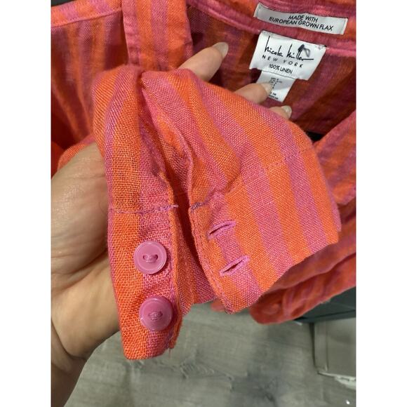 Nicole Miller Pink Orange Striped 100% Linen Blouse Large - Picture 5 of 5